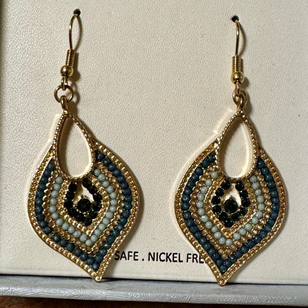 Gold tone green / aqua earrings